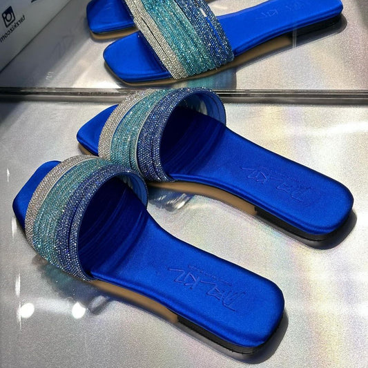 Sapphire blue rhinestone strip slippers