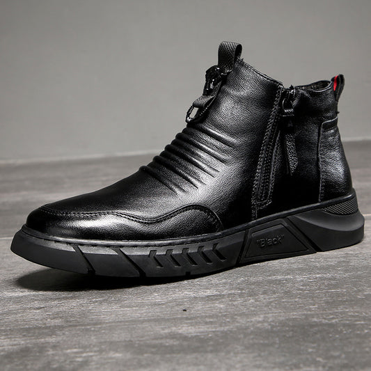 Genuine leather pleated zip boots