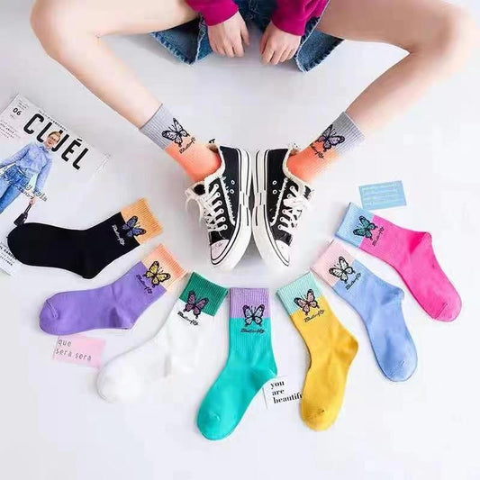 Colorblock butterfly cotton stockings