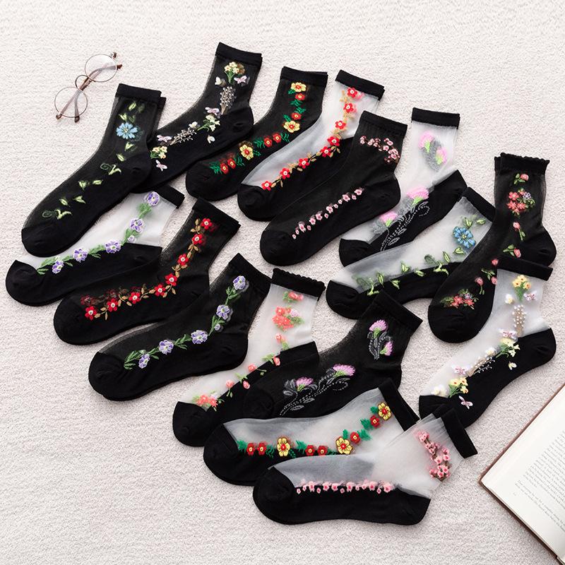 Floral Embroidered Glass Socks
