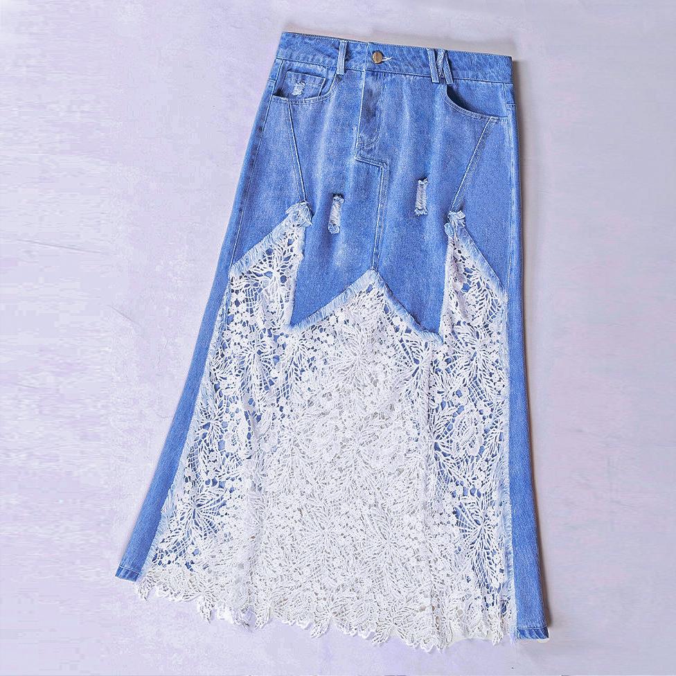 Lace Panel Jeans Skirt