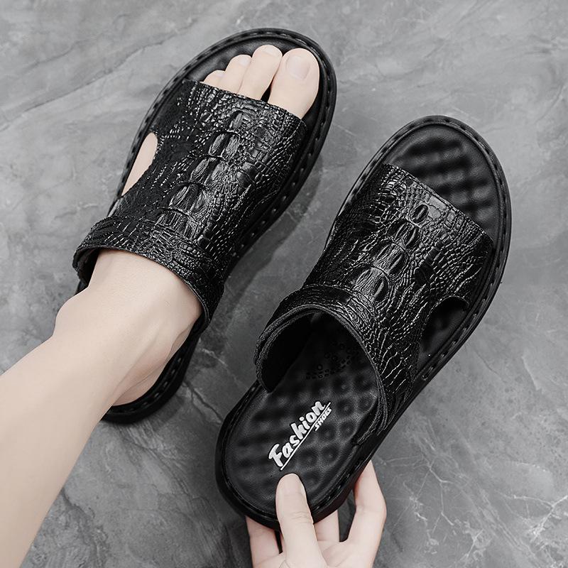 Crocodile-print leather soft-soled sandals
